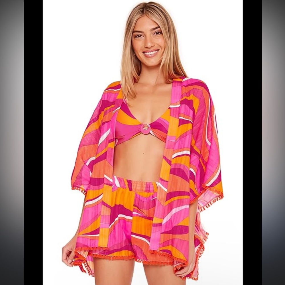(L) Trina Turk Tunic Cover-Up Shorts Set Vivid Vista Swim Large Pink Orange